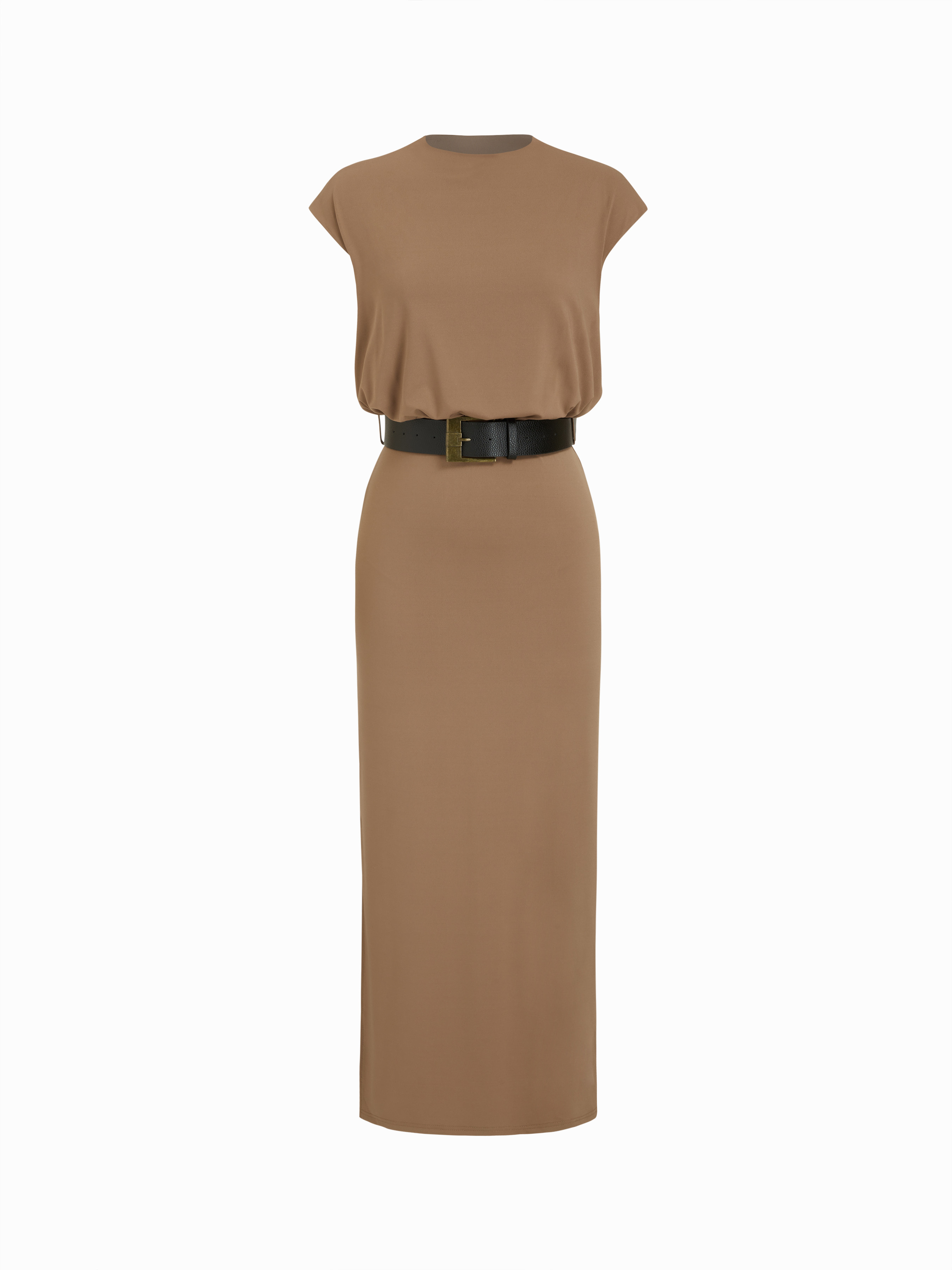 Knit Fabric Round Neckline Split Straight Maxi Dress With Belt For Daily Casual Work | Cider