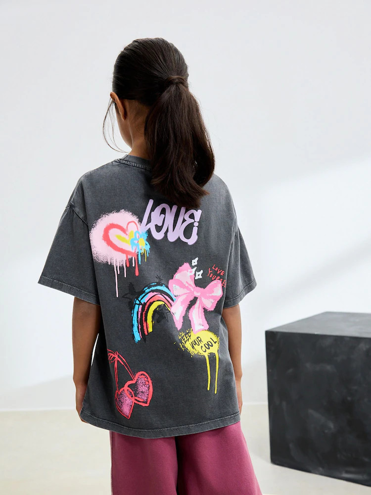 Charcoal Graffiti Oversized Graphic Print T-Shirt (3-16yrs) | Next US