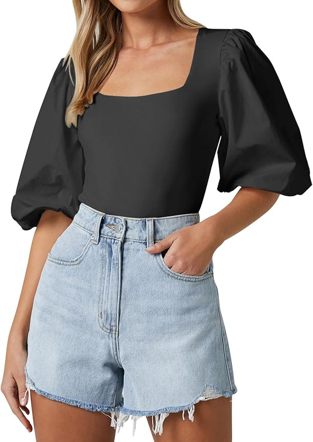Women's Square Neck Puff Short Sleeve Tops Summer Dressy Casual Blouse T Shirts | Amazon (US)