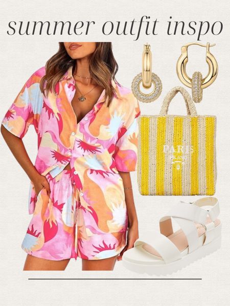 Amazon summer outfit inspo, two piece set, gold earrings, yellow straw handbag, tote bag, beach bag, white sandals, wedge sandals, vacation outfit, casual outfit 

#LTKFindsUnder50 #LTKStyleTip #LTKItBag