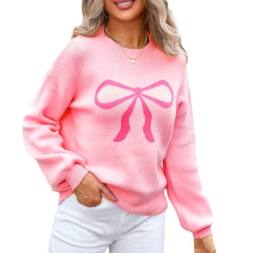 Women Y2K Fall Sweater Cute Bow Print Long Sleeve Cable Knit Pullover Casual Oversized Jumpers fo... | Amazon (US)