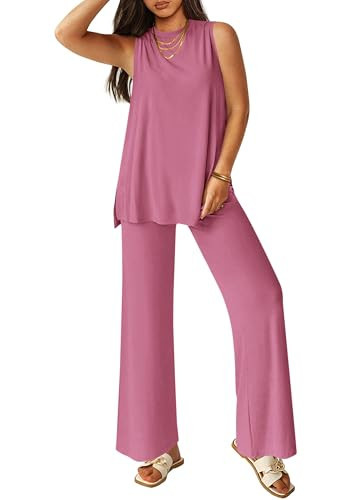 PRETTYGARDEN Women's 2 Piece Lounge Set 2026 Summer Casual Tank Top Wide Leg Pants Matching Travel Outfits Clothes Tracksuit (Pink,Small) | Amazon (US)