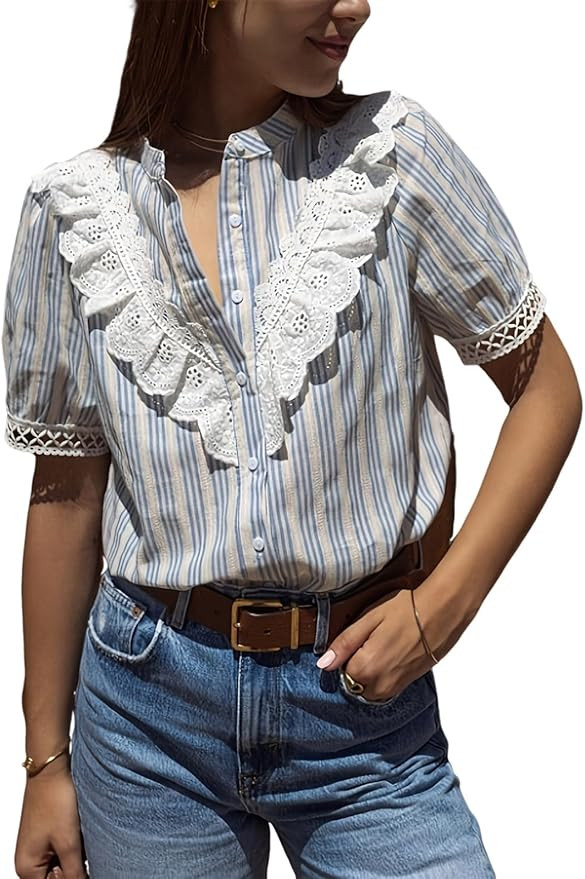 utcoco Button Down Shirts for Women 2026 Fashion Lace Trim Striped Blouses Casual Short Sleeve To... | Amazon (US)