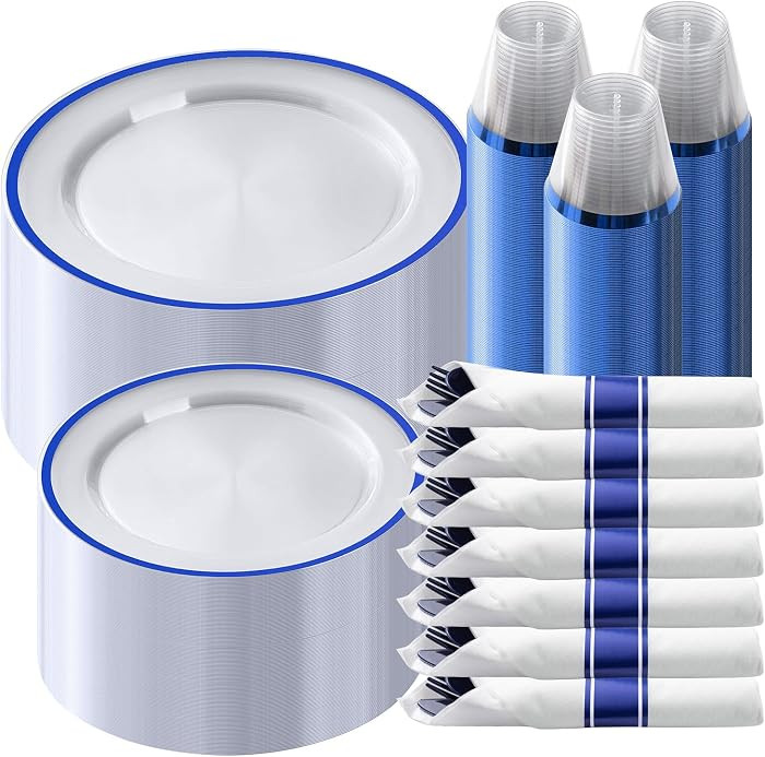 350 Piece Dark Blue Plastic Dinnerware Set for Party, Clear Disposable Plates for 50 Guests, Incl... | Amazon (US)