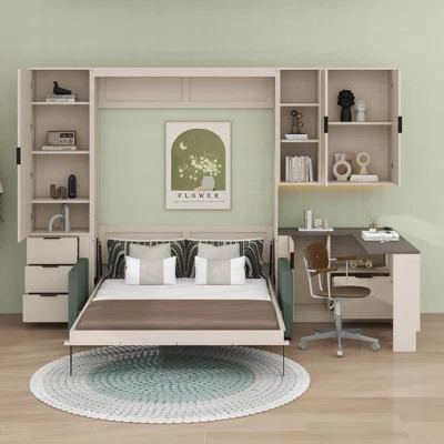 Queen Murphy Bed With Hydraulic Storage And Sofa, Foldable Wall Frame With Shelves,Drawers And LED/USB Lighting | Wayfair North America