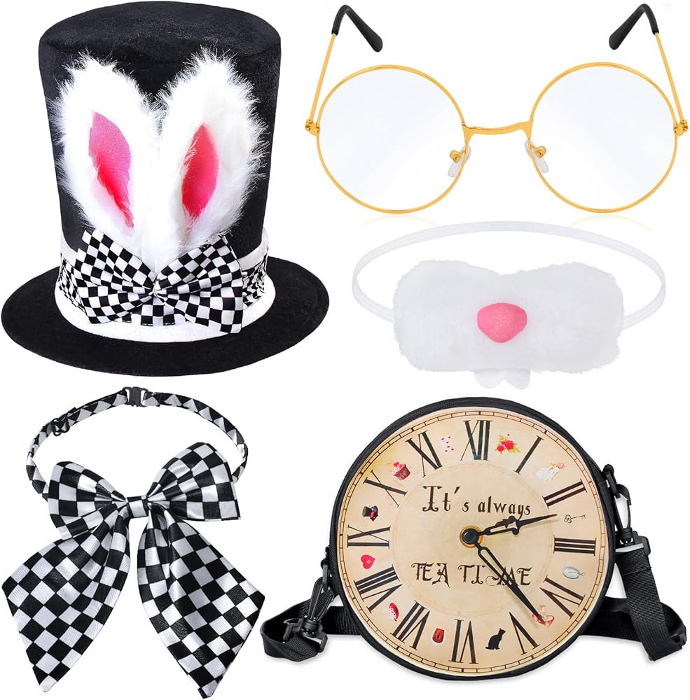 Kyson Fancy White Rabbit Costume Accessories Set 5Pcs Bunny Ear Top Hat,Bow Tie,Nose,Glasses,Cloc... | Amazon (US)