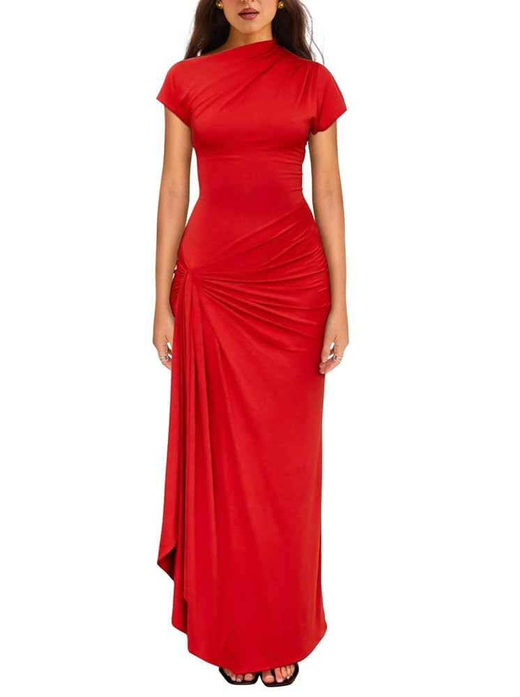 YMDUCH Women's Casual Short Sleeve Boat Neck Ruched High Split Bodycon Long Party Dress | Amazon (US)
