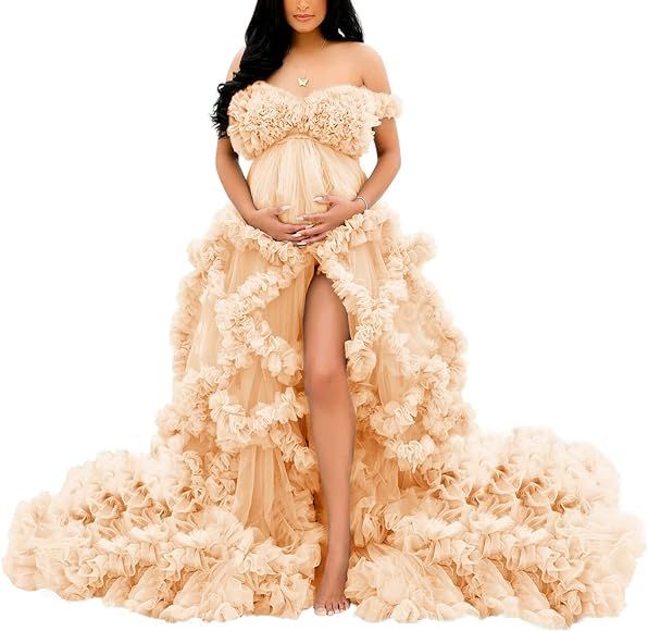 Lemon wind Maternity Robe Long Lingerie Bridal Dressing Gown Tulle Robe Ruffles Nightgown for Pho... | Amazon (US)