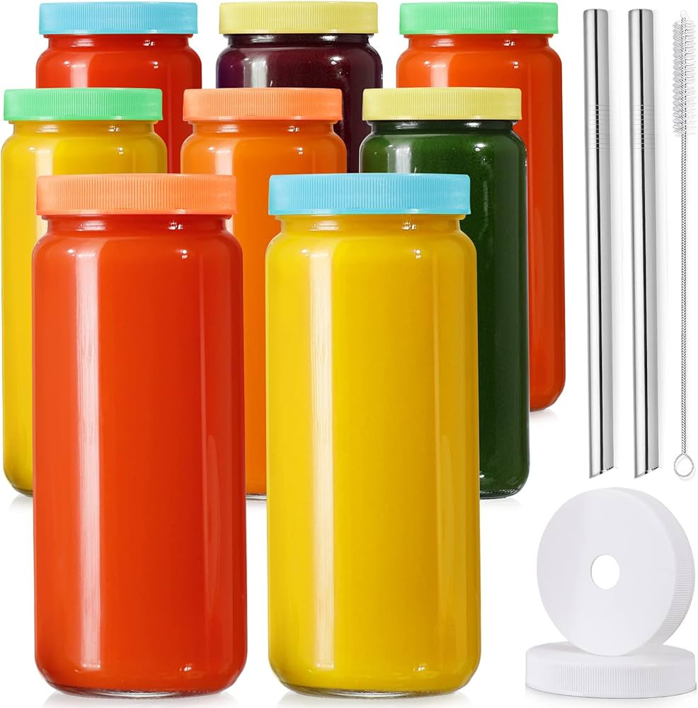 AOZITA 8 Pack Glass Juicing Bottle Drinking Jars with 2 Straws & 2 Lids w Hole- 16 OZ Travel Wate... | Amazon (US)