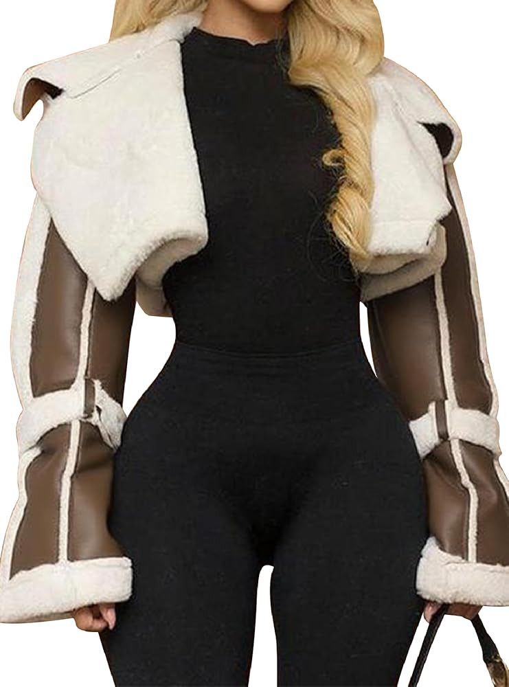 Women's Cropped Faux Leather Jacket Fall Winter Motorcycle Bomber Jackets Open Front Winter Coat ... | Amazon (US)