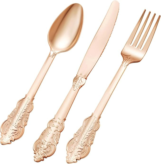 150PCS Rose Gold Plastic Silverware for 50 Guests, Heavy Duty Rose Gold Disposable Utensils Sets,... | Amazon (US)