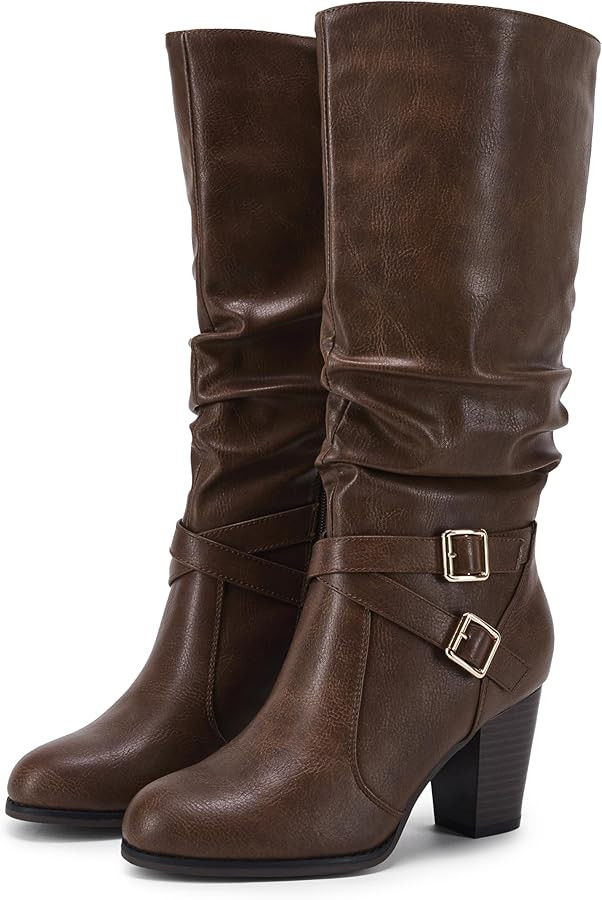 Ermonn Womens Mid Knee High Boots Chunky Heel Slouchy Metal Buckle Side Zipper Fashion Winter Sho... | Amazon (US)