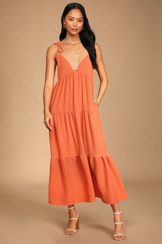 Let the Sun Beam Orange Tie-Strap Tiered Midi Dress With Pockets | Lulus (US)