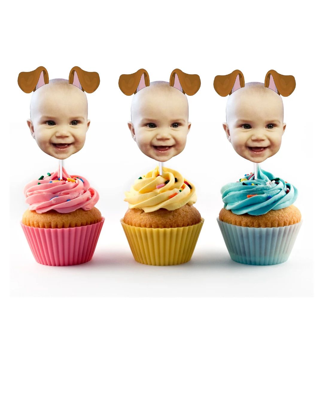 Dog Cupcake Toppers With Custom Face Photo, Puppy Party, Let's Pawty, Face With Dog Ears, Pup Ado... | Etsy (US)