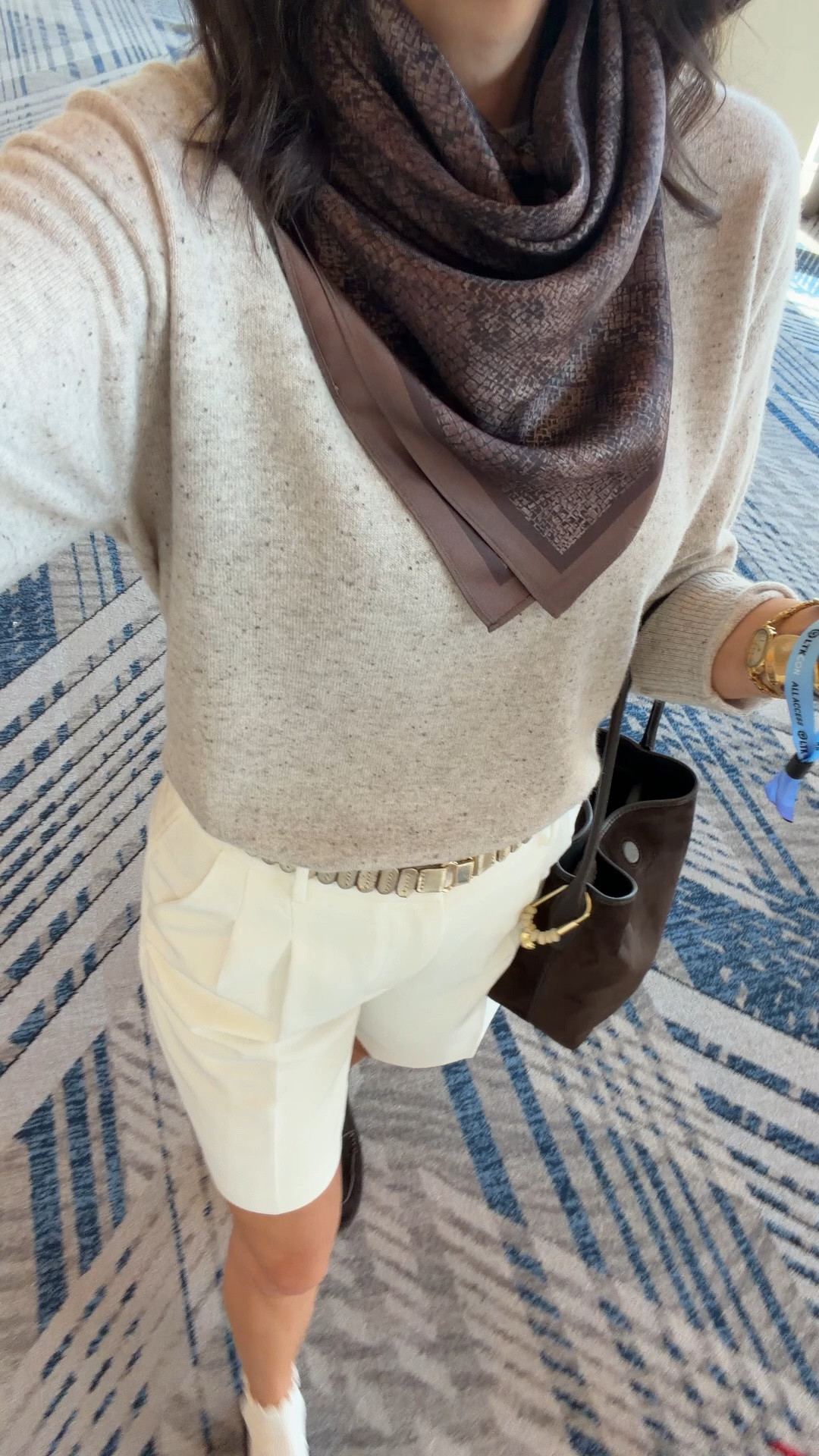 Sweater - small 
Shorts - 4 
Shoes - sized down half 
This scarf is large and so versatile. Worth every penny! 

This would be a perfect work outfit. Can also wear with white trouser pants or brown trouser pants.

#LTKCon #LTKWorkwear