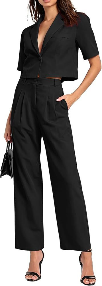 Suits for Women, Short Sleeve Blazer and Pants wIth Pocket, Light Comfortable, Business Casual Office Work Pantsuits Outfits | Amazon (US)