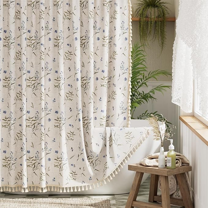 Bathway Farmhouse Floral Shower Curtain, Blue Green Linen Textured Shower Curtains Rustic with Th... | Amazon (US)