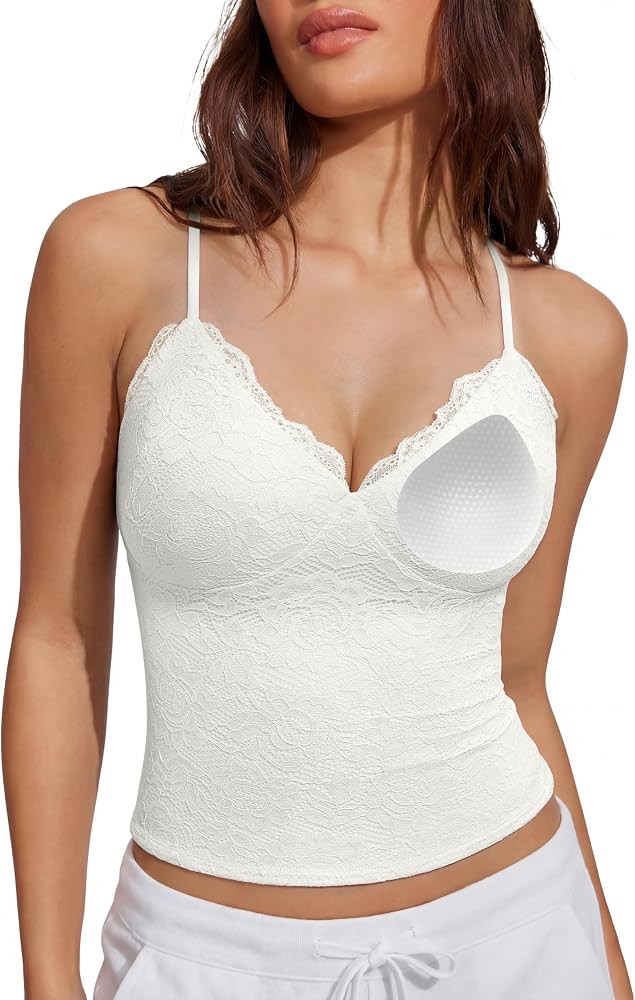 SUUKSESS Women Sexy Lace Padded Tank Tops Double Lined V Neck Y2k Going Out Top | Amazon (US)