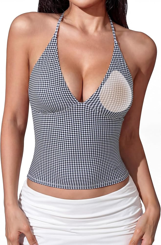SUUKSESS Women Double Lined Halter Tank Top Summer Padded Going Out Tops Sleeveless Basic Shirts | Amazon (US)