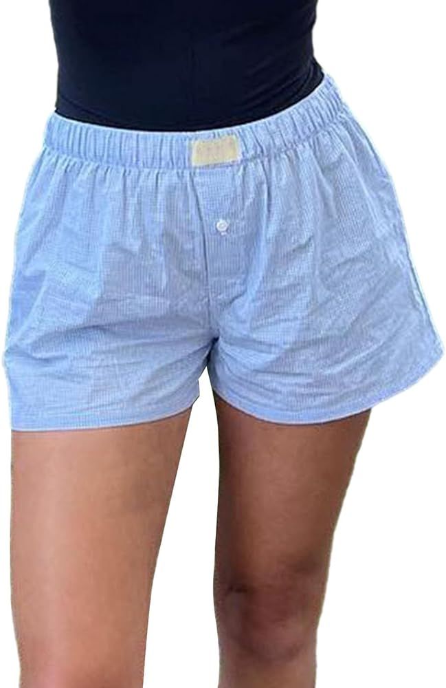 Women Plaid Shorts Elastic Waist Micro Gingham Boxers Loose Fit Striped Pajamas Shorts Y2k Cute L... | Amazon (US)