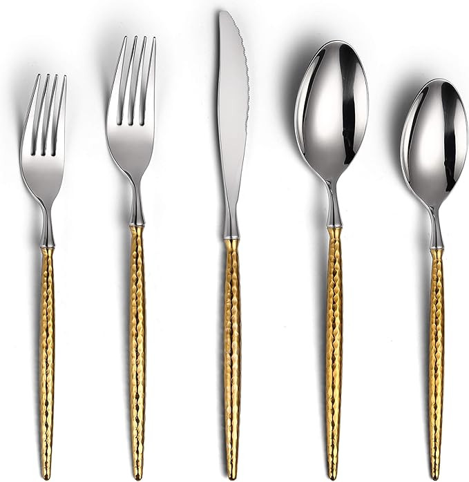 Hammered Stainless Steel Silver Gold Silverware Set,20 Piece Modern Cutlery Set Service for 4,Mir... | Amazon (US)