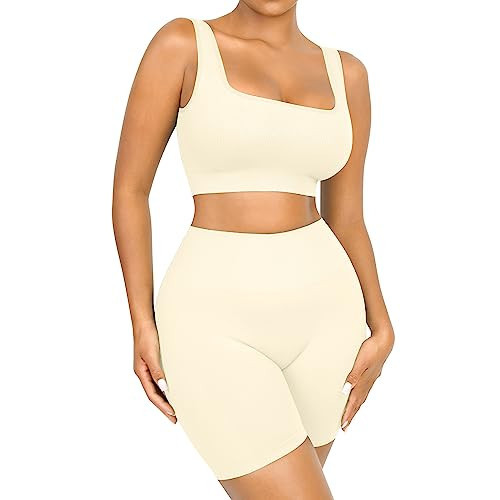 FeelinGirl Workout Sets for Women 2 Piece Outfits Seamless Ribbed Sport Bra High Waist Shorts (White, Small) | Amazon (US)