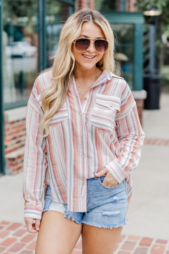 Heart Like Yours Terracotta Multi Striped Button Front Blouse | Pink Lily