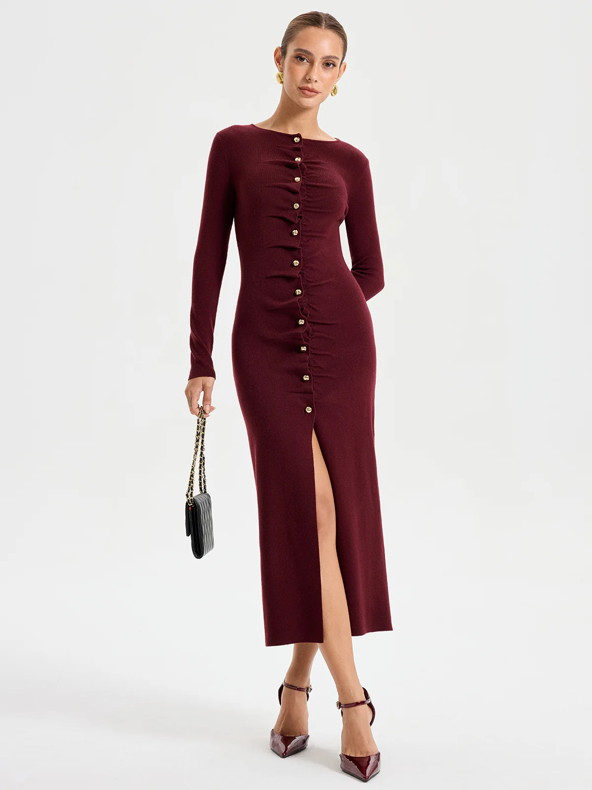 Elegant Long Sleeve Wide Neck Button Front Knit Dress | Commense