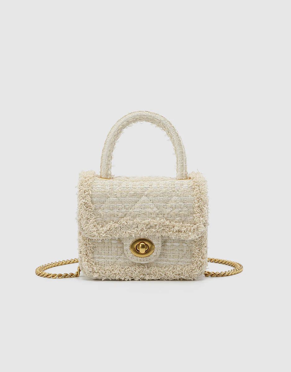 Fuzzy Trim Tweed Plaid Flap Shoulder Bag | Urban Revivo