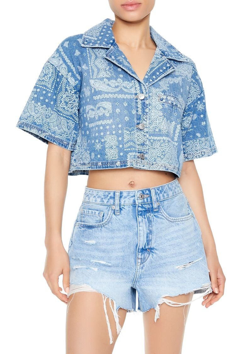 Women's Cropped Paisley Print Denim Jacket in Dark Denim Large | Forever 21