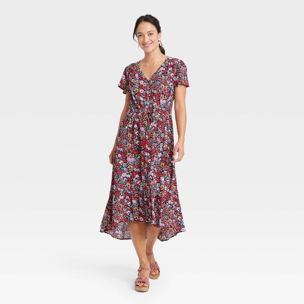 Women&#39;s Flutter Short Sleeve Smocked Detail Dress - Knox Rose&#8482; Navy Floral S | Target