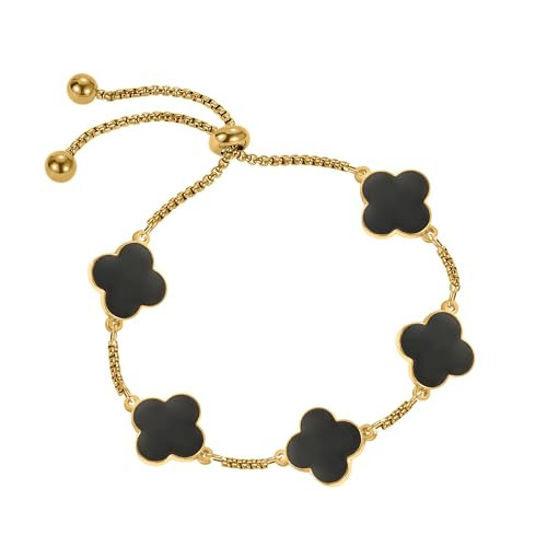 Dascus 18K Gold Plated Clover Lucky Bracelet for Women White/Black/Gold Flower Four Leaf Link Bracelets Trendy Jewelry Gifts for Women (Black) | Amazon (US)