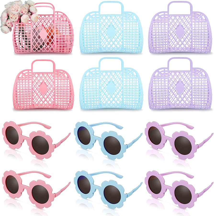 6 Sets Jelly Tote Bags with Flower Sunglasses for Girls Women 6 Plastic Jelly Bag Jelly Purse Reu... | Amazon (US)