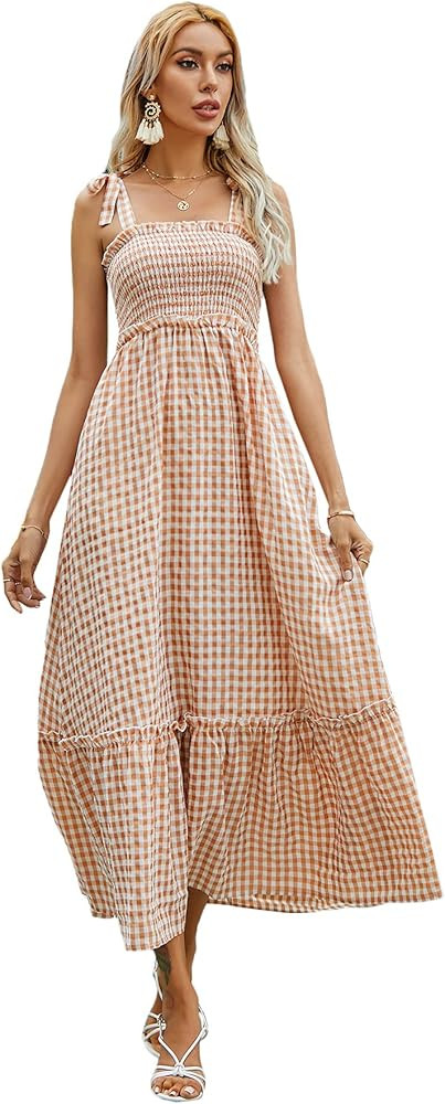 Floerns Women's Floral Print Tie Strap Square Neck Ruffle Boho Maxi Dress | Amazon (US)