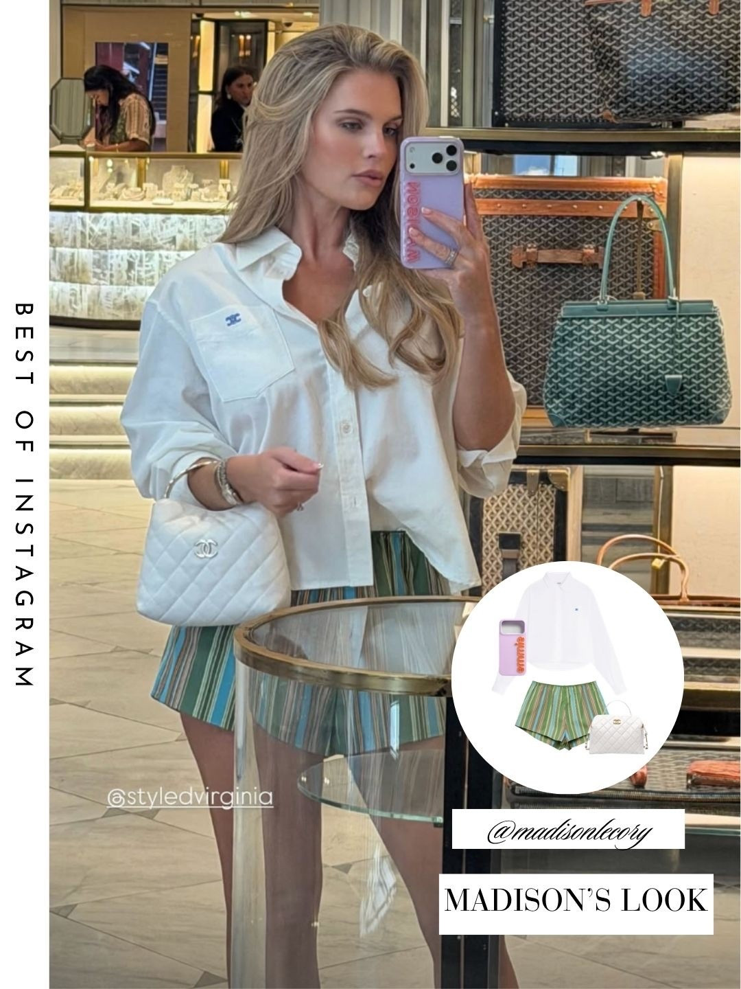 Madison LeCroy’s Blue Striped Shorts and White Button Down 📸 = @madisonlecroy