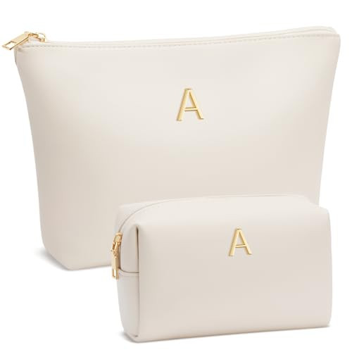 CLOUDWINGS Mom Gifts| Initial Makeup Bag Set for Women Girls Personalized Gifts for Bridesmaid Teachers Graduation Friend Female PU Leather Cosmetic Travel Toiletry Bag(Beige,A) | Amazon (US)