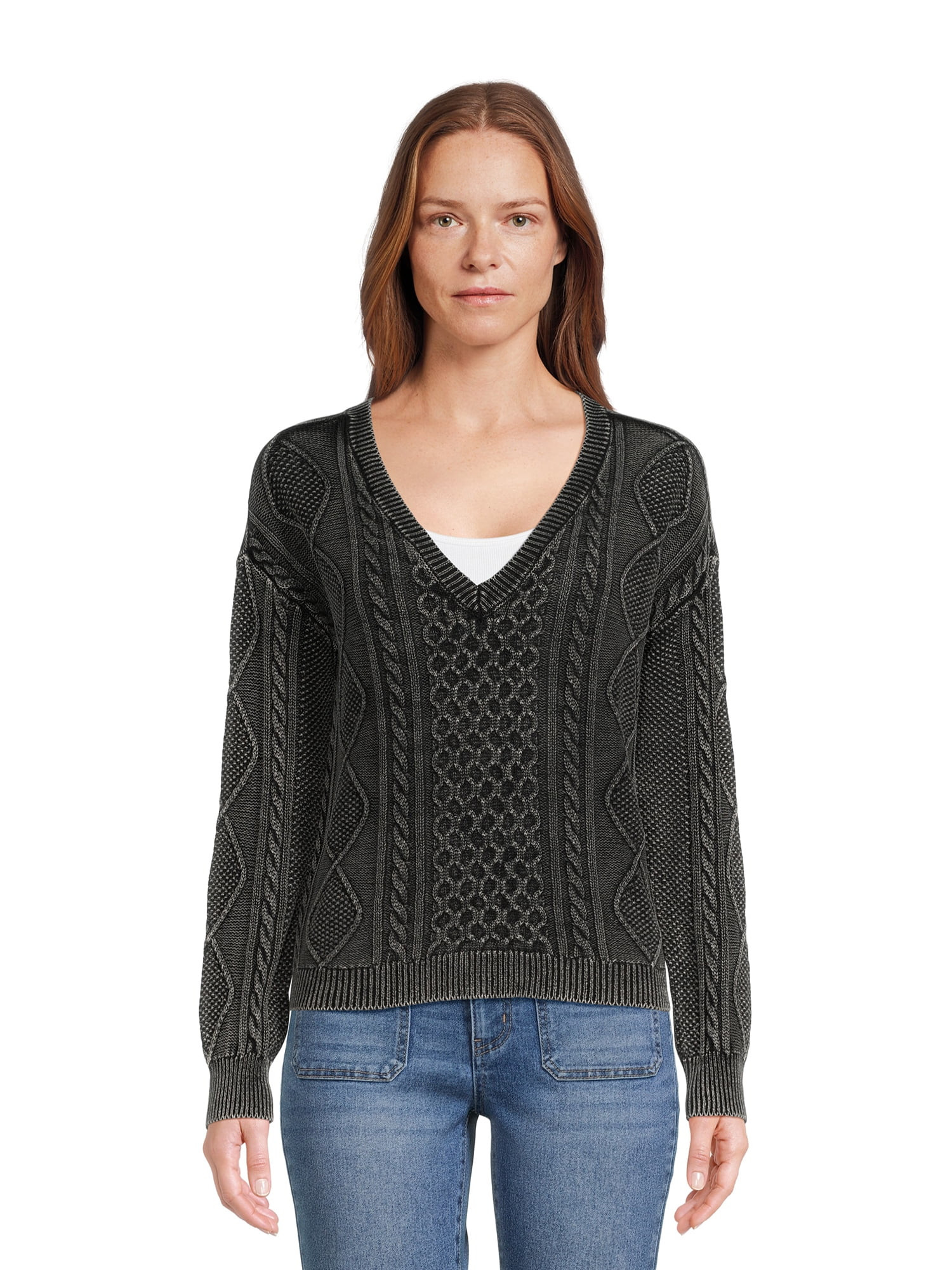 No Boundaries Juniors Washed Cable Knit V-Neck Top | Walmart (US)