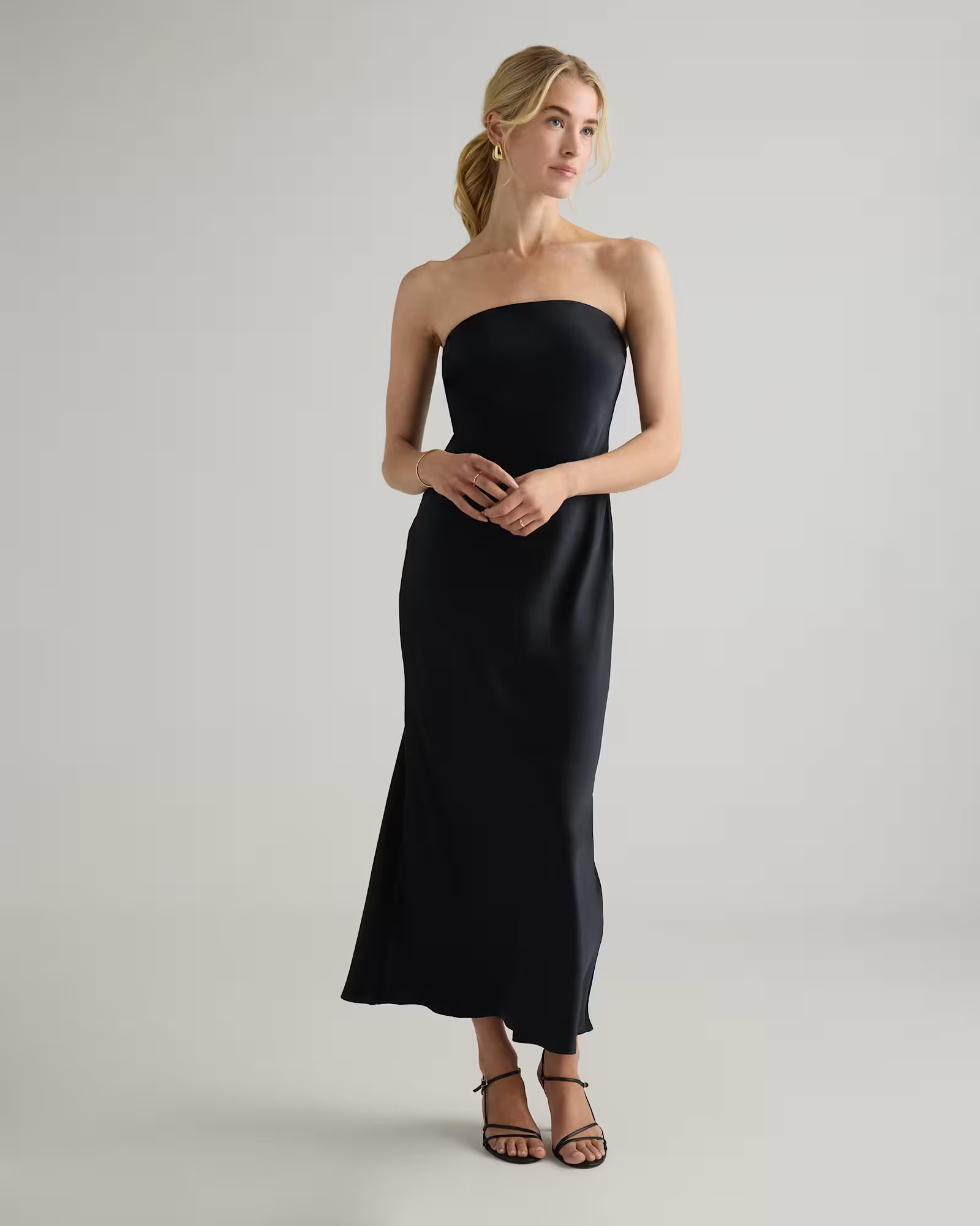 100% Washable Silk Strapless Midi Dress in Black | Quince
