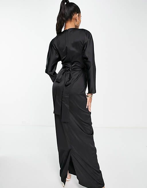 ASOS DESIGN satin maxi dress with batwing sleeve and wrap waist in black | ASOS (Global)