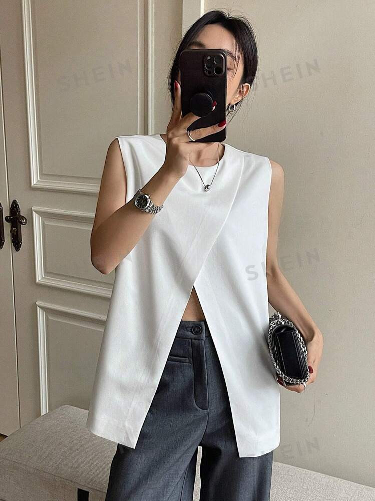 DAZY Women's Solid Color Crew Neck Slit Hem Casual Business Tank Top | SHEIN USA | SHEIN