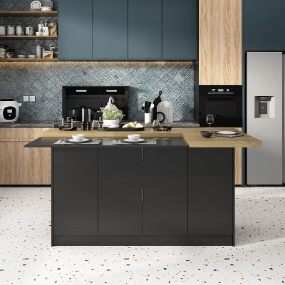 Famapy Modern Black 8 Doors Kitchen Island With Yellow Table | Target