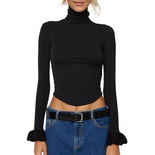 Naileksi Women Y2k Turtleneck Rib Knit Top Long Sleeve Slim Fit Ruffled Cuffs Blouse Shirt Fall Aesthetic Going Out Top Black | Amazon (US)