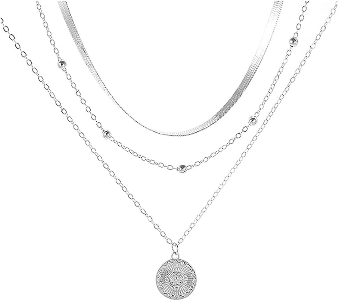 Woent Layered Lotus Pendant Necklaces Silver Bead Choker Necklace Chain Adjustable Jewelry for Wo... | Amazon (US)