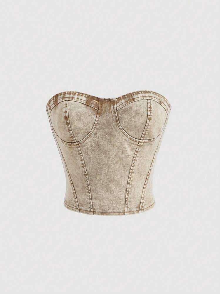 SHEIN MOD Distressed Solid Breast Cup Division Bustier Tube Denim Corset Top | SHEIN