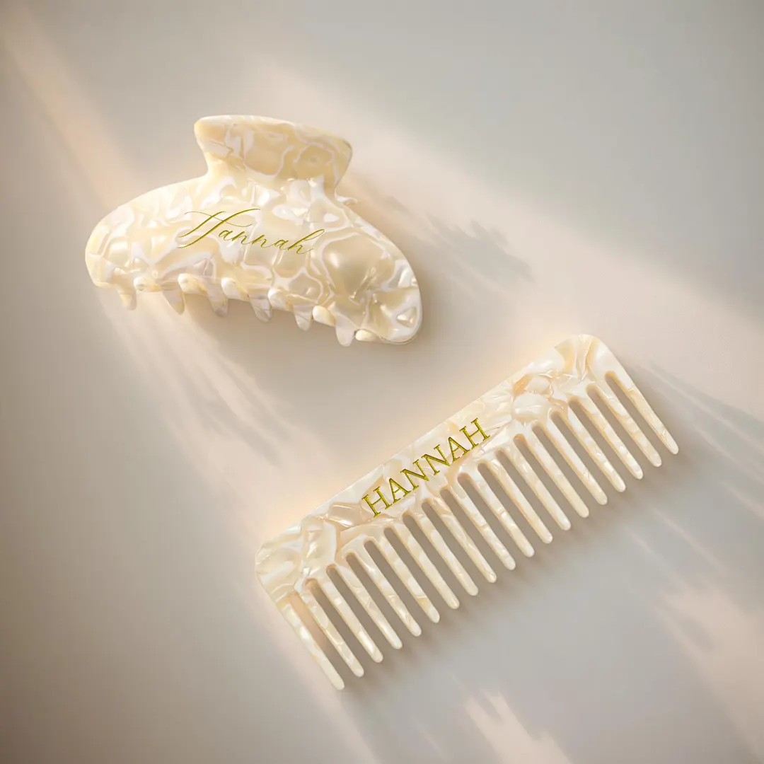 Wedding Bridesmaids Gift Set, Custom Engraved Comb & Clip, Custom Initial Acetate Hair Comb, Marb... | Etsy (US)