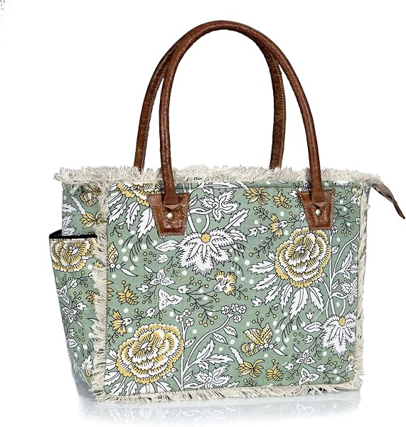 Boho Floral Canvas Tote Bag \u2013 Large Green Shoulder Bag with Fringe & Leather Handles | Lapto... | Amazon (US)