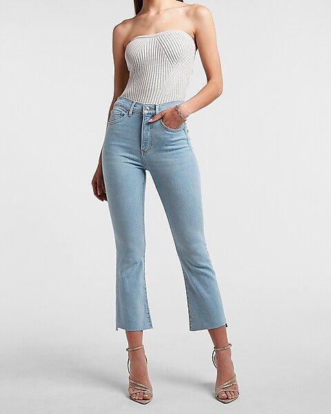 High Waisted Light Wash Raw Hem Cropped Supersoft Flare Jeans | Express