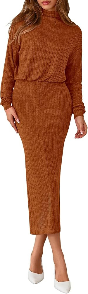 PRETTYGARDEN Turtle Neck Dresses for Women 2026 Fall Knit Outfits Slit Elastic Waist Long Sleeve ... | Amazon (US)