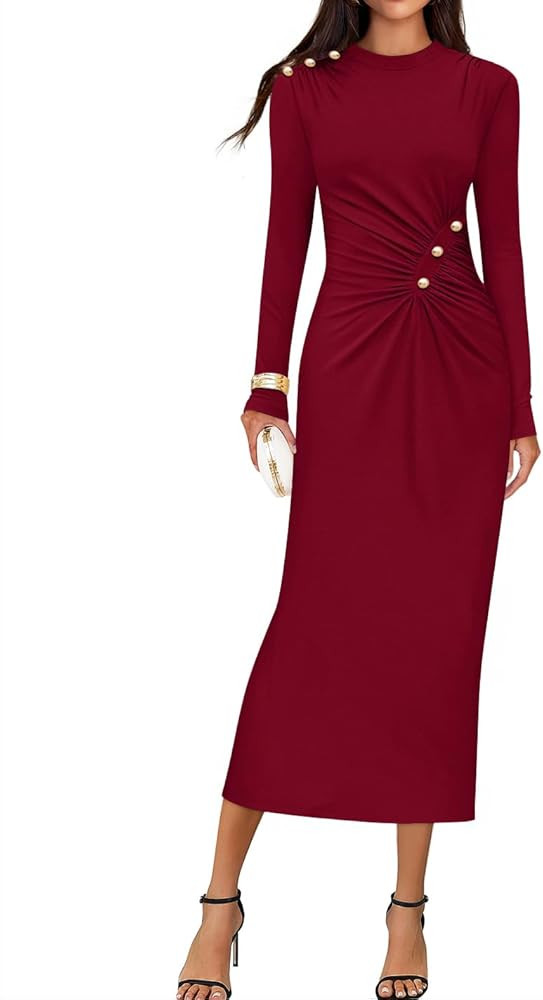 ZESICA Womens 2025 Fall Long Sleeve Mock Neck Bodycon Midi Dress Ruched Knit Elegant Party Cockta... | Amazon (US)