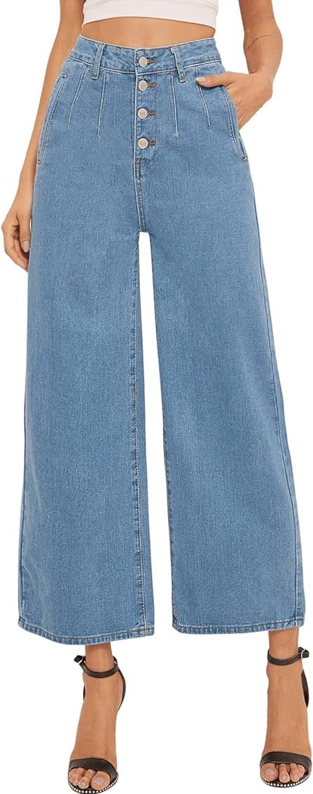SweatyRocks Women's Casual High Waist Button Fly Jeans Wide Leg Baggy Cropped Denim Pants | Amazon (US)